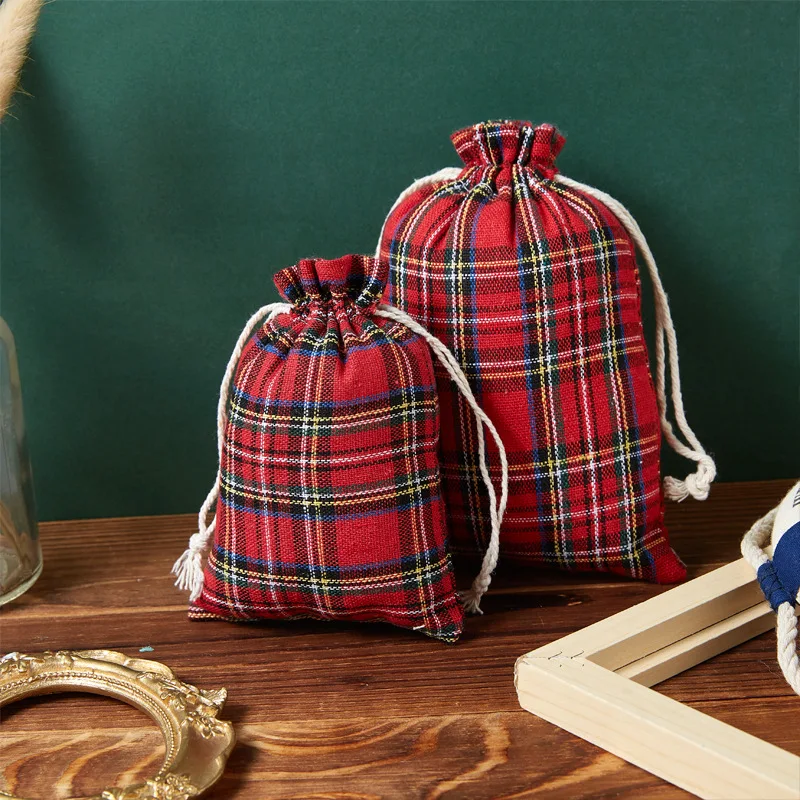 Red Plaid Christmas Cotton Bags Drawstring Gift Bags 10x14cm 13x18cm  Candy Gift Bags Apple Wrapping Bags