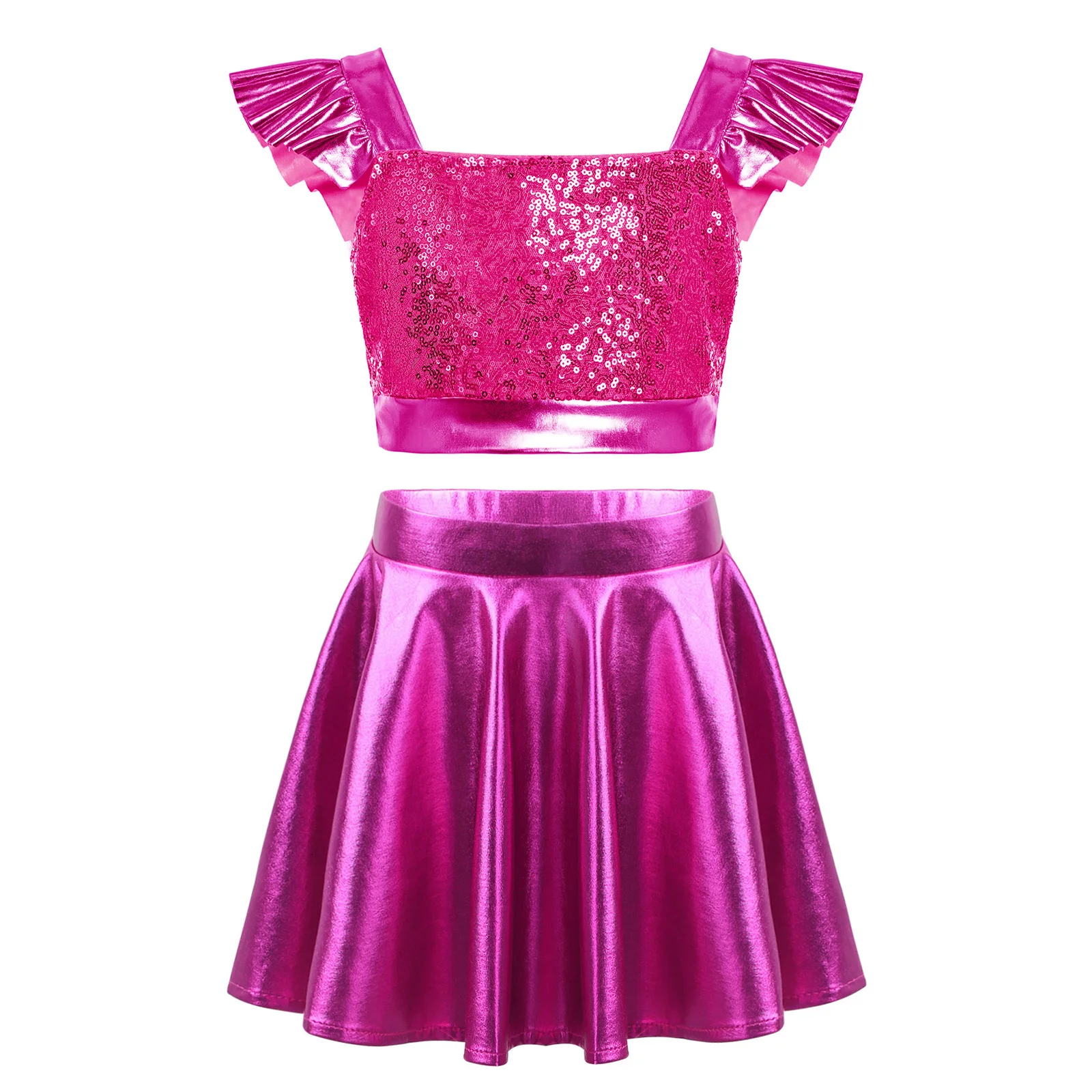 Kids Girls Sparkling Sequin Metallic Crop Top with Skirt Jazz Dance Clothes Sets Rave Festival Disco Party Performance Outfit