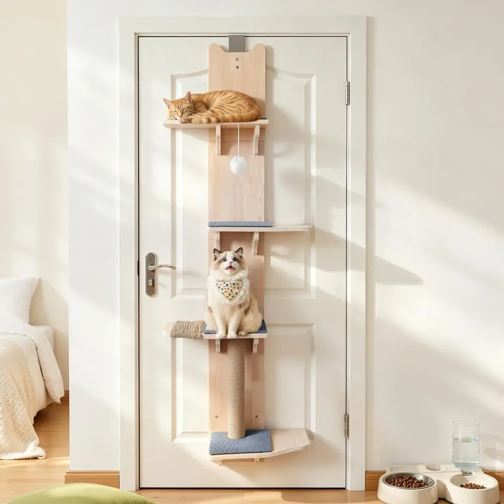 4-Tier Door Hanging Cat Tree Tower, Door Hanging Cat Climber with Scratching Post, Pads & Ball, Vertical Cat Furniture