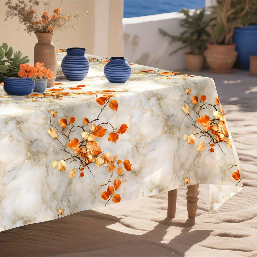 One tablecloth with marble and wood patterns in a Mediterranean style, featuring white decorations