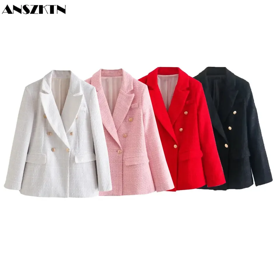 ANSZKTN última chaqueta Blazer de gran tamaño de manga larga ajustada de Color caramelo europeo y americano para mujer