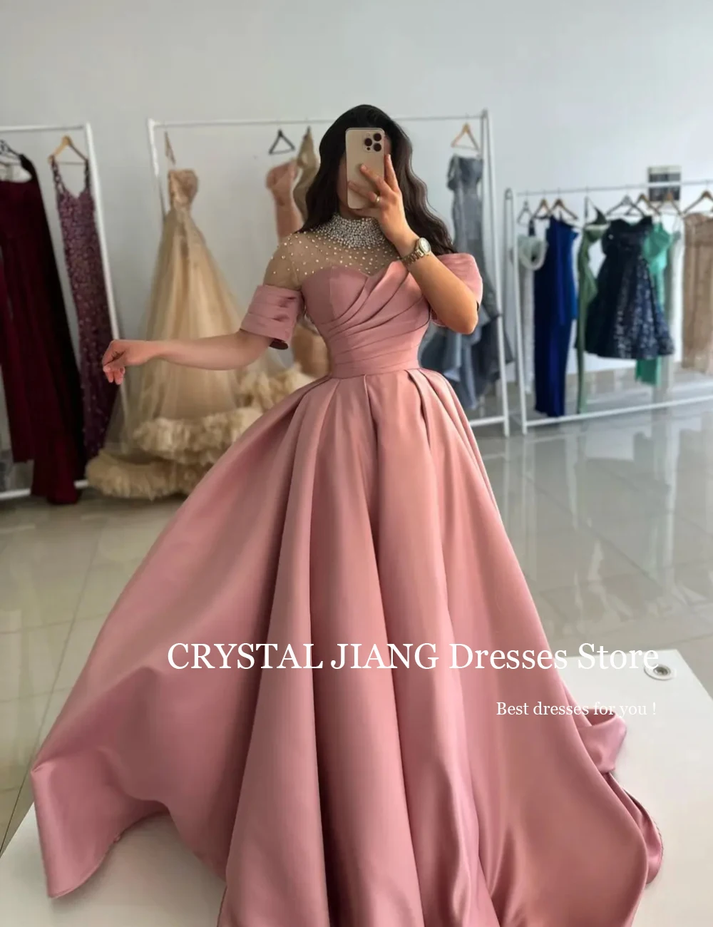 Luxury Long High Neck Pearl Beaded Satin Prom Dresses Short Sleeves A Line Sweep Train Vestidos De Formatura