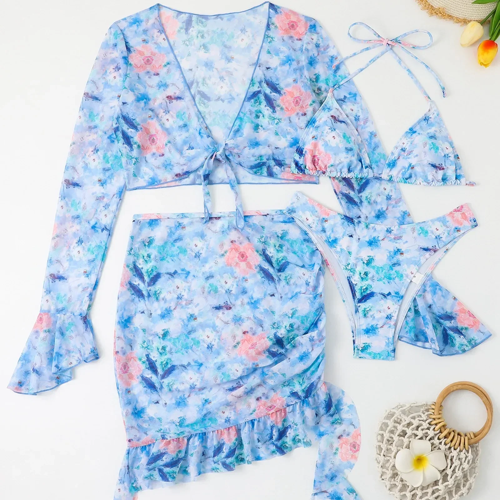 

Fashion Four Pieces Printed Swimwear Pleated Bandage Woman Low Waist Swimsuit Long Sleeves Ruffle Chiffon Bikini Cover Up