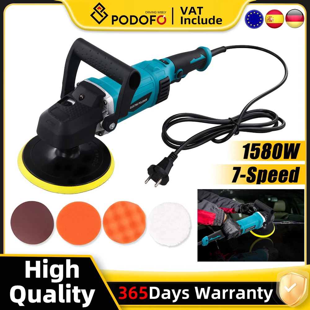 Podofo-pulidor y pulidores de coche de 1580W con máquina pulidora de coche eléctrica de 7 velocidades, máquina de encerado de 550-3300 RPM para coches y barcos