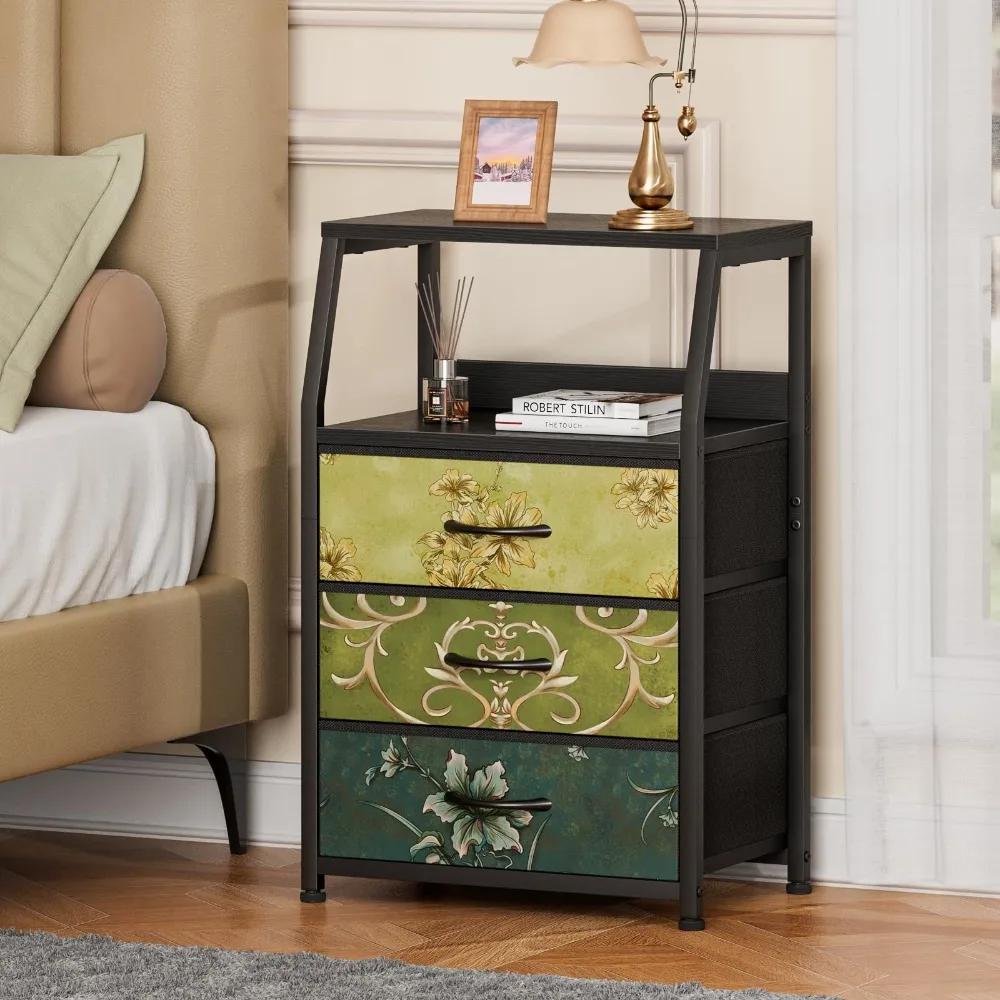 

Retro Night Stand with 3 Drawers and 2-Tier Shelf, Small Nightstand Side Table, Vintage Storage Dresser for Bedroom