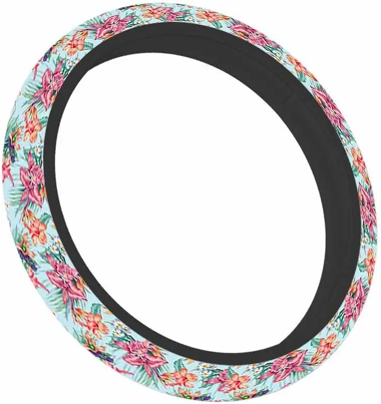 Hummingbird Floral Steering Wheel Cover Tropical Bird Flower Hibiscus Orchid Palm Leaves Car Accessory Neoprene Auto Interior De