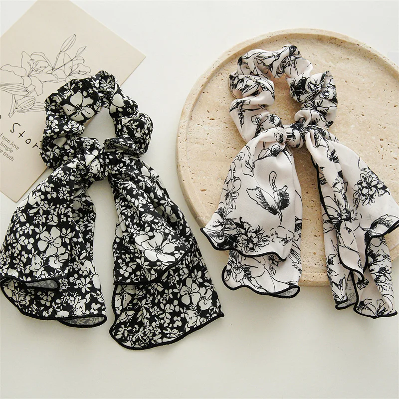 Zomer Inkt Schilderij Paardenstaart Streamer Haarband Mode Fee Wind Bloemen Stof Haarknoop Haarband Elastische Scrunchies