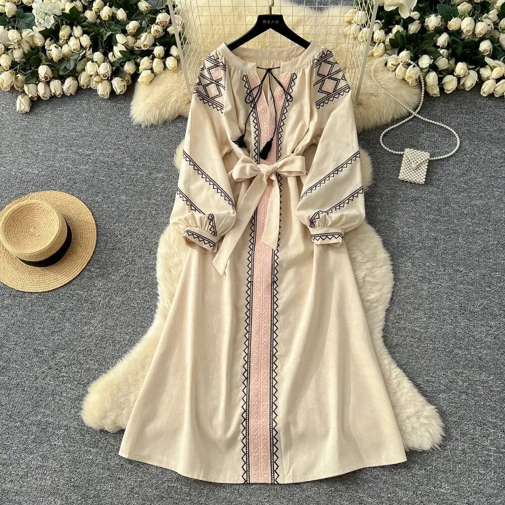 فستان أنيق عتيق بأكمام طويلة وأكمام طويلة مطبوع ملابس نسائية للخريف على الموضة الكورية الجنية الأنيقة