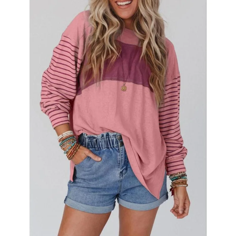 

Plus Size 1XL-5XL Women's New Long Sleeve O-Neck Pullover Tops Ladies Casual Round Neck Casual Striped Contrast Color T-Shirt