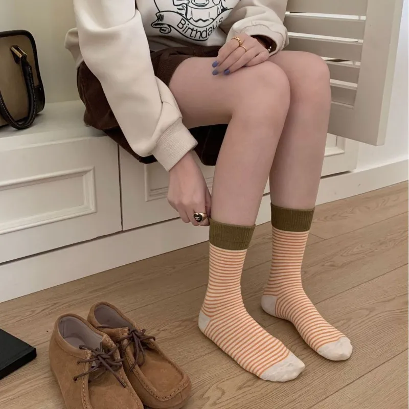 

Women'S Socks Striped Stockings For Women Color Matching Middle Tube Socks Sweet Leisure Stocking Absorb Sweat Breathable