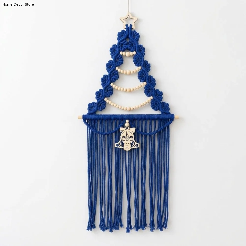 Wood Beads Christmas Tree Macrame Tapestry Aesthetic Art Cotton Rope Tassels Tapestry Woven Decorative Xmas Wall Decor Hotel