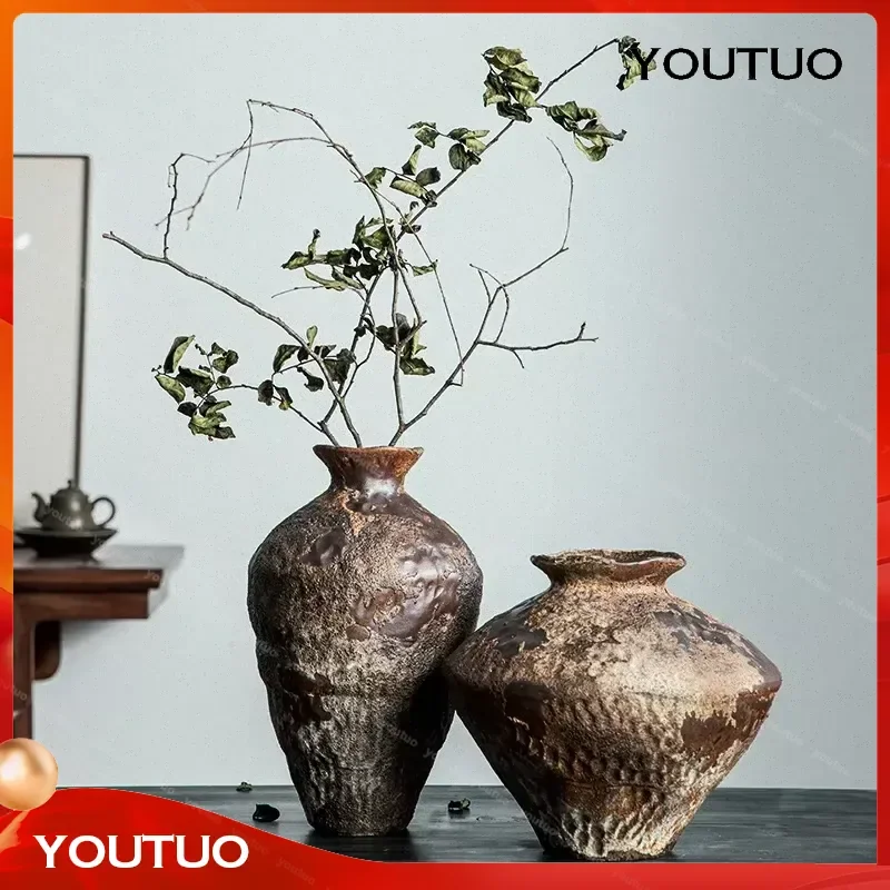 Retro Ceramic Vase Handmade Decorative Pottery Pot for Flower Arrangement Desktop Decoration
