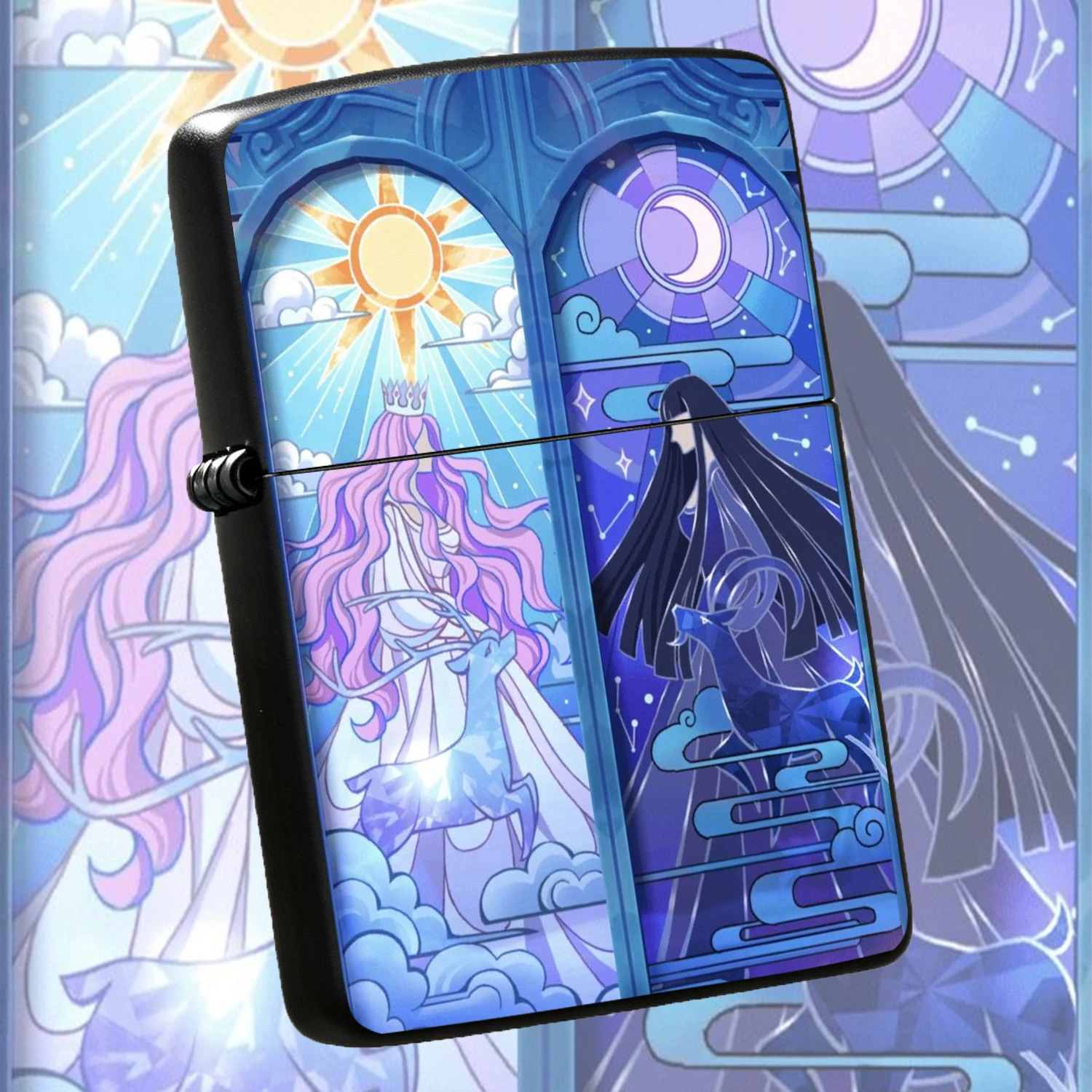 Creative, Stained Glass Style Sun Moon Goddess Pattern Translucent Relief Windproof, Pink Hair Sun Goddess White Deer Black Hair Moon Goddess Black Deer Art, Ideal For Daily Use Gifting Personal Decor A Fun And Humorous Lighter