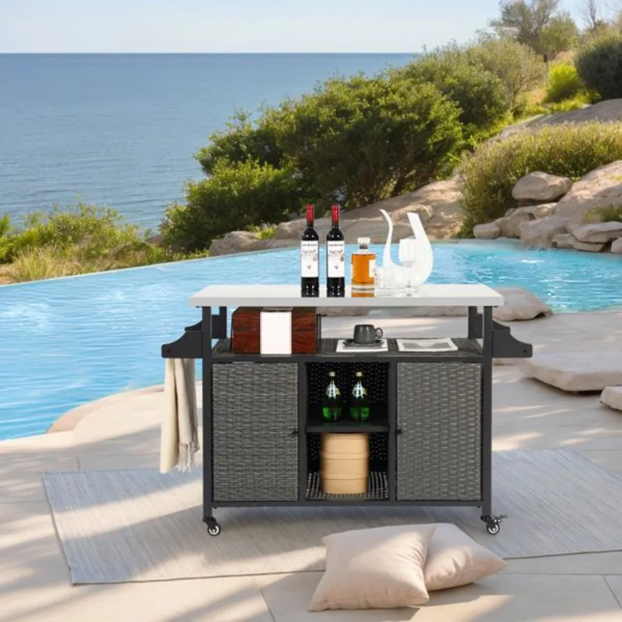 

Large bar cart Outdoor Kitchen Wicker Island Rolling Cart Storage Cabinet Wheels and Stainless Steel Extended Table Top Side Ha