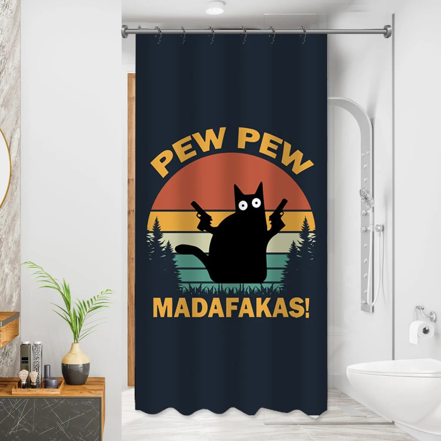 

Забавные занавески для душа с изображением кота, занавеска для душа Pew Pew Madafakas, водонепроницаемая занавеска для душа Crazy Cat с пистолетами 36 x 72 дюйма со мной