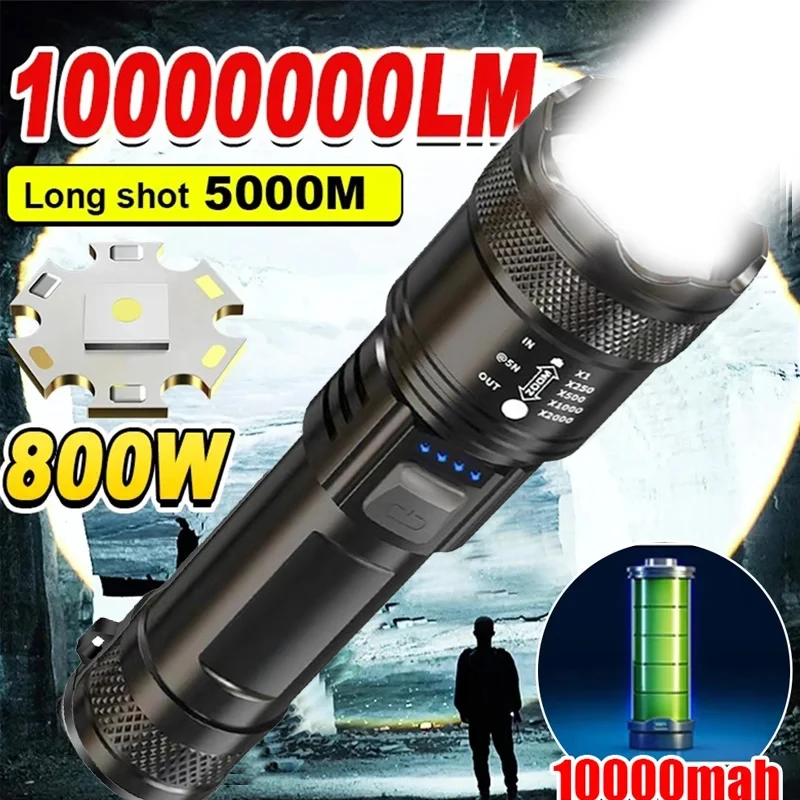 고출력 LED 손전등, 디스플레이 라이트 포함 전술 토치, USB 충전, 캠핑 낚시, 비상 줌 랜턴, 2000LM
