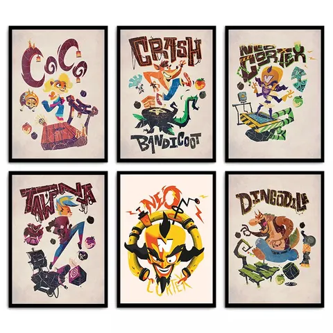 Retro Gaming Wall Art Vintage Crash Bandicoot Poster Print with Coco  Dr Neo Cortex for Home Room Decor Canvas Painting