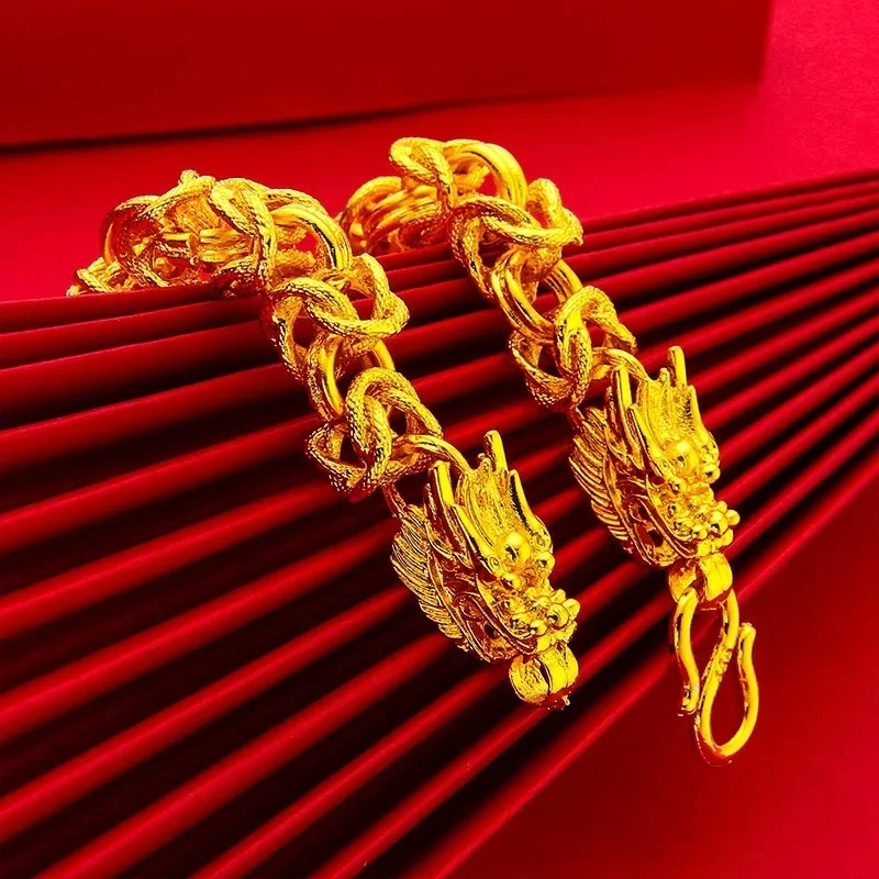 9999 24K real gold hollow M-button men's bracelet cylindrical dragon head gold bracelet men's gold jewelry bracelet