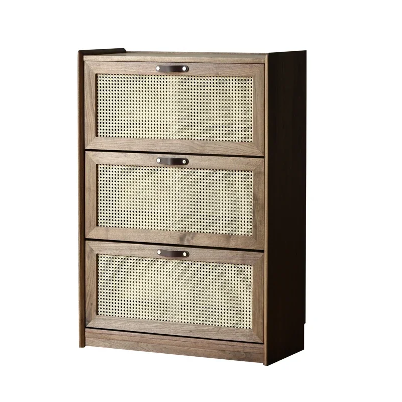 Customized all solid wood entry, ultra-thin flip bucket shoe cabinet, black walnut wood rattan woven breathable door shoe rack,