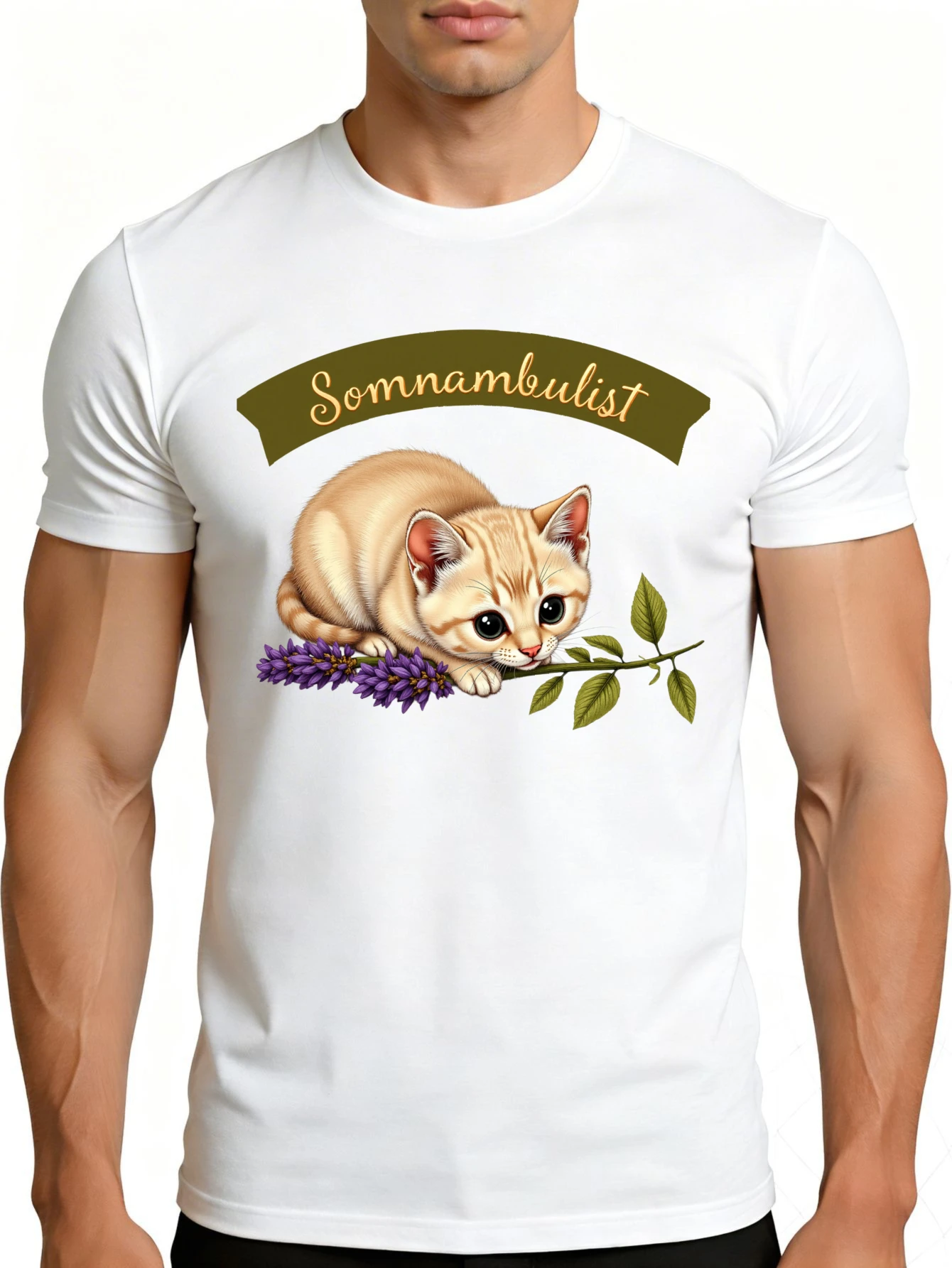 Men's Graphic T-Shirt - Breathable, Soft, Lightweight - Sleepwalking Cat with Lavender Branch - Vintage Fun Pattern Casual Short Sleeve Summer Top, Gift for Him