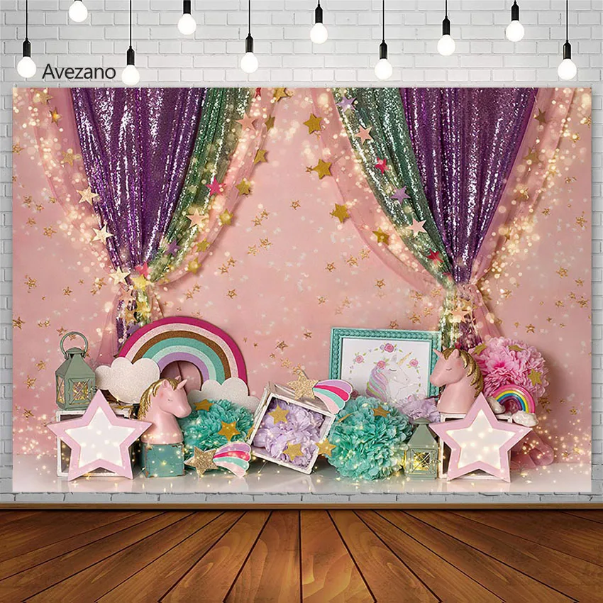 

Avezano Birthday Party Background for Photography Rainbow Unicorn Gold Stars Curtain Princess Portrait Cake Smash Backdrop Decor