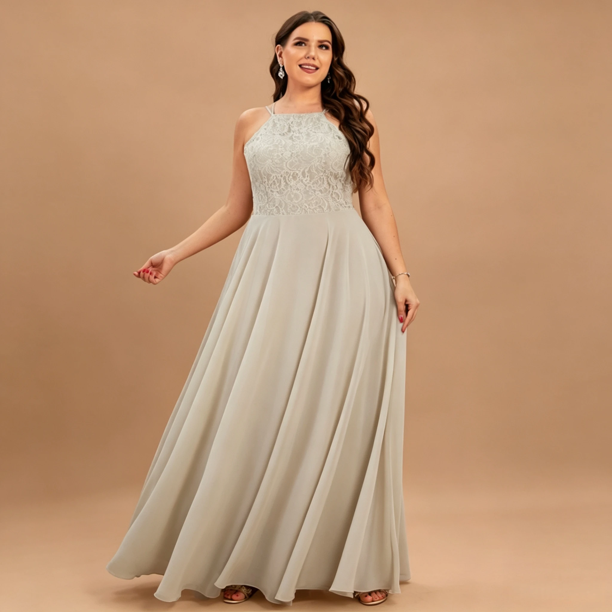 Vestido de Noche de Gasa con Encaje Tallas Grandes, Cuello Halter, Tirantes Finos, Corte A, para Mujeres Curvy, Invitadas de Boda, Vestido de Dama de Honor