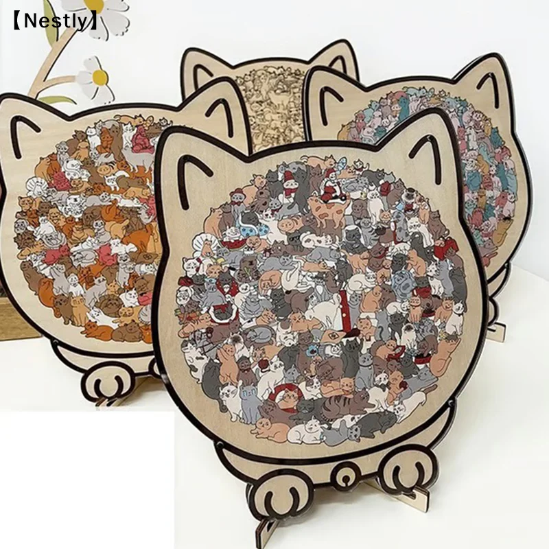 135-teiliges Katzenförmiges Holzpuzzle in Morandi-Farben mit unregelmäßig geformten Tierstücken für Heimdekoration und Partyspiele〔Nest〕