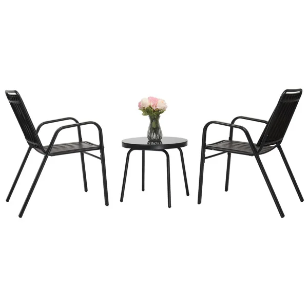 3-Piece Durable Terrace Bistro Dining Table Set Outdoor Furniture with 2 Stackable Dining Chairs and Patio Balcony Glass Table