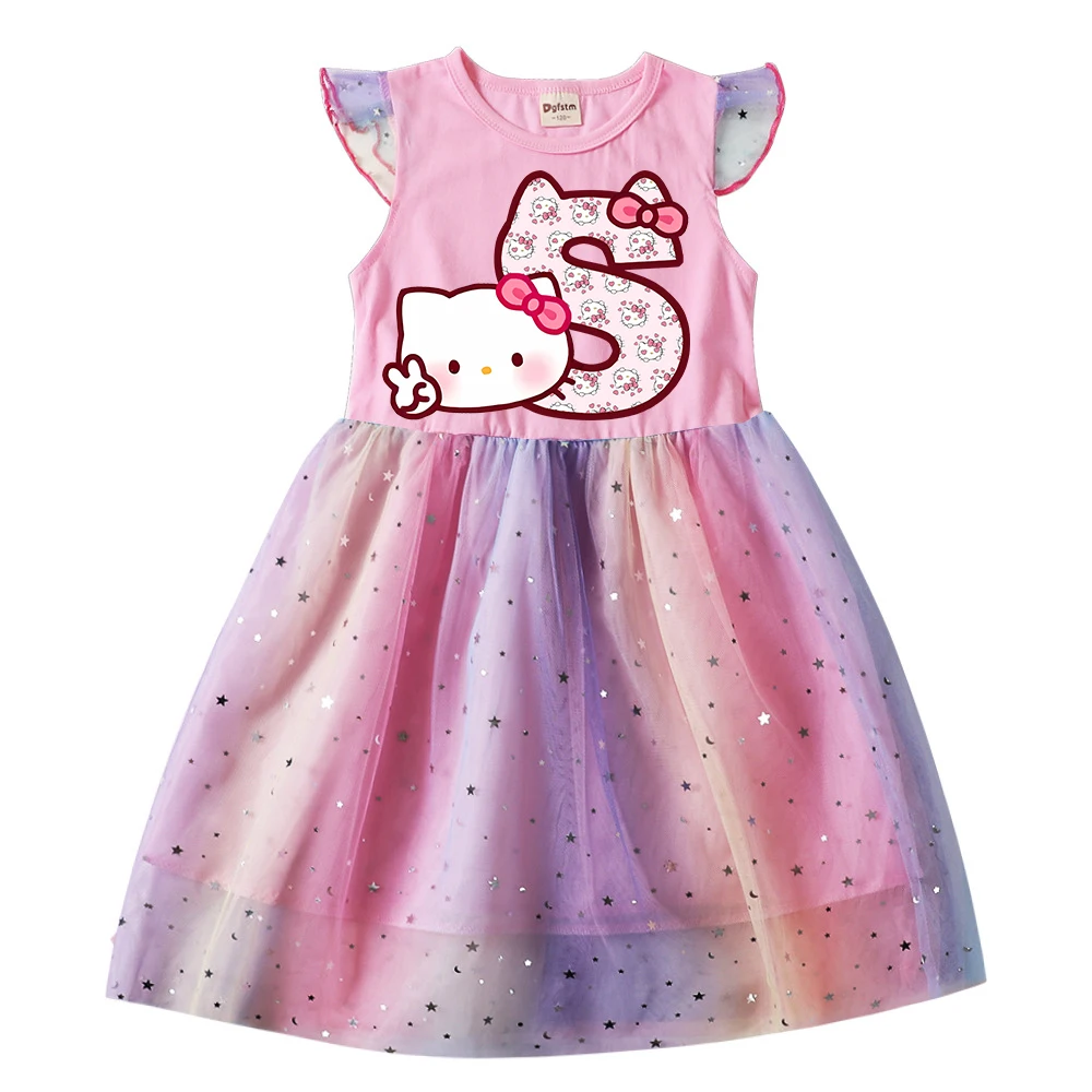 Girl Dress HelloKittys A B C D Letter Children Dresses Princess Cartoons Print Casual Clothes Girls Gauze Flying Sleeve Kid Baby