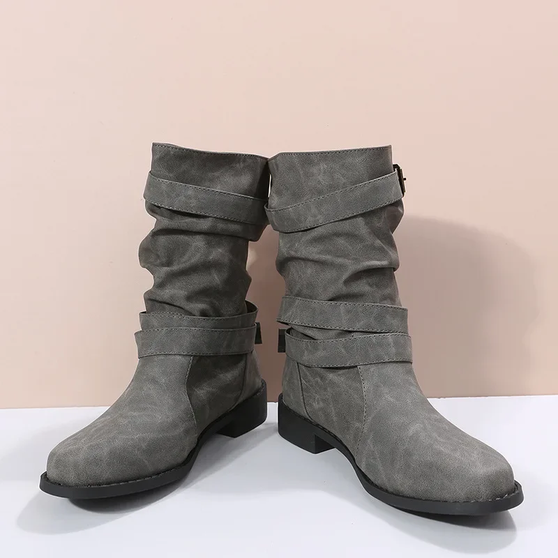 Botas de comprimento médio para outono e inverno 2024, novas botas confortáveis de comprimento médio com bico redondo e fundo plano feminino