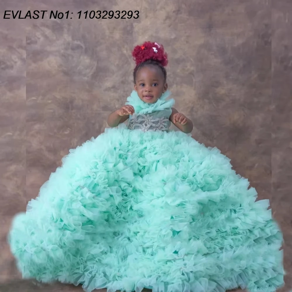 EVLAS Customized Sage Girls Birthday Party Gown Beading Applique Flower Girl Dress Tiered Ruffles Princess for Photoshoot TFD187