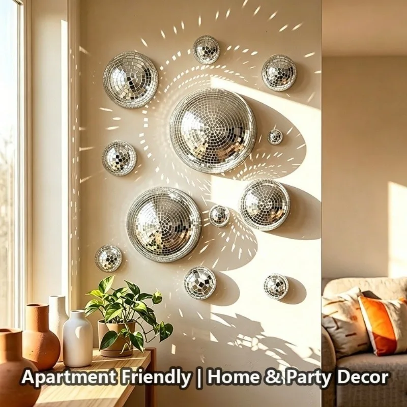 5Pcs Mirror Disco Ball Wall Art, Semicircle Glittery Disco Ball Half Decor,Light-refracting Adhesive-backed,Disco Decor Interior