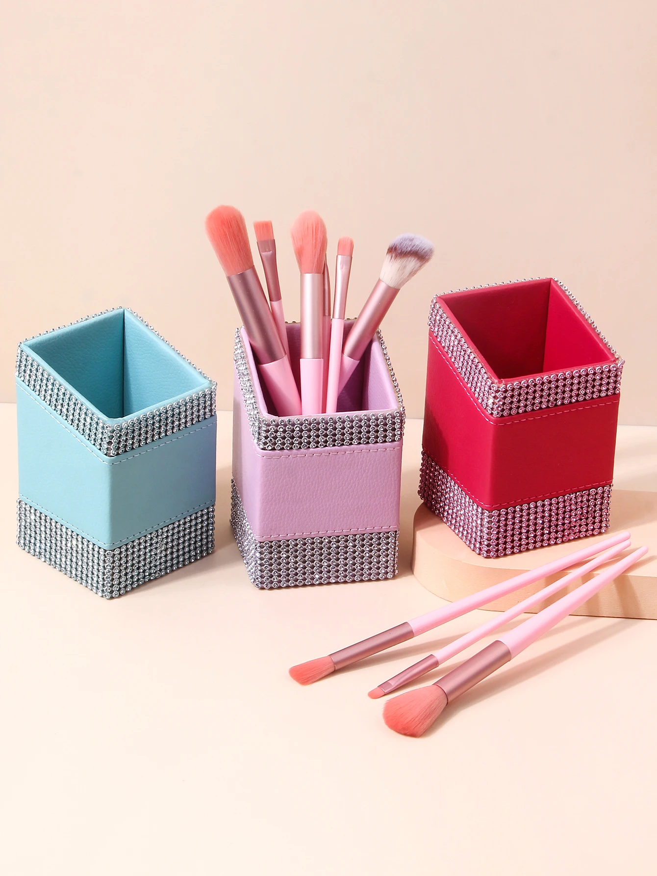 

1PCS high-end luxury diamond makeup brush storage bucket, multifunctional storage box, PU waterproof storage