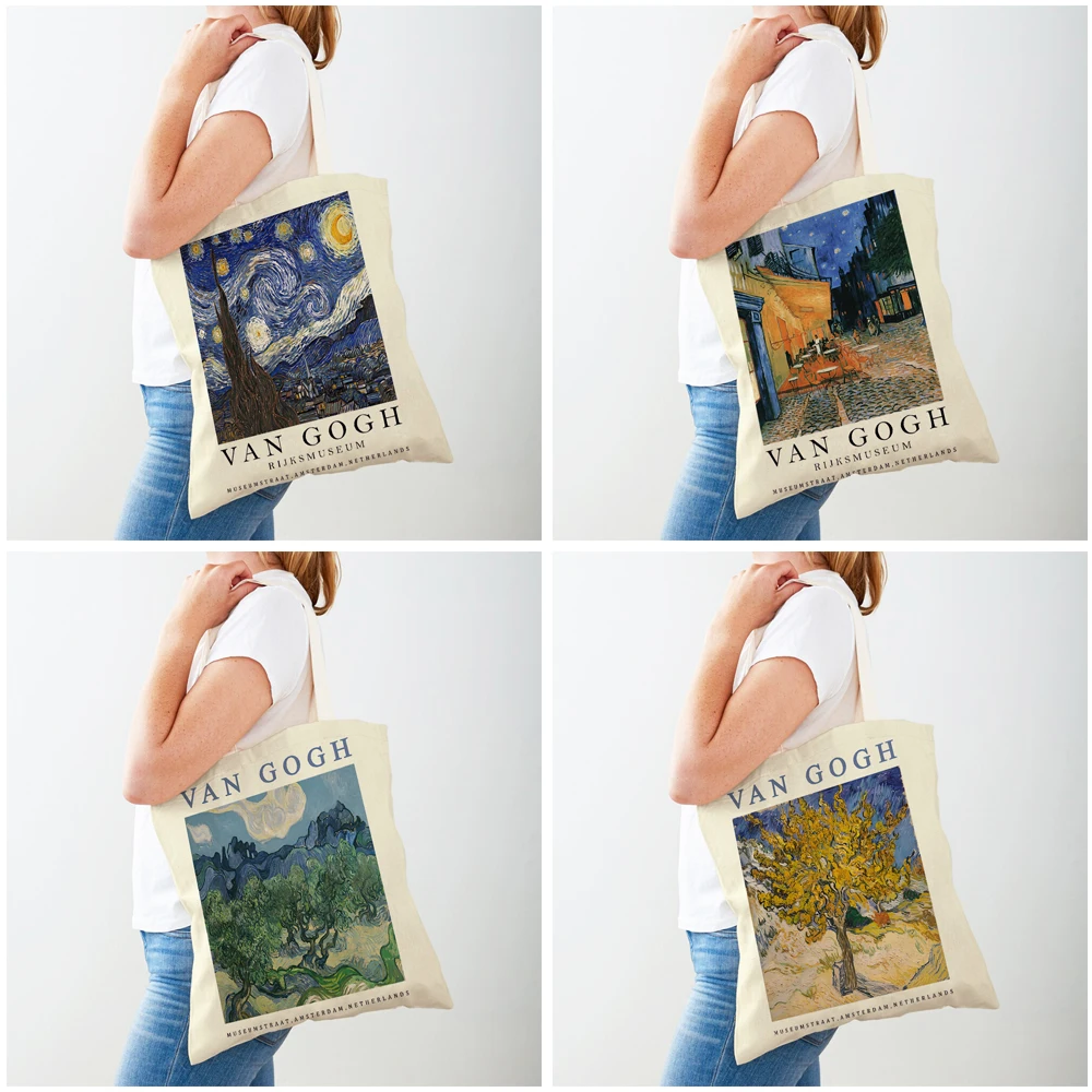 Bolso de compras de Van Gogh para mujer, bolsa de mano con estampado doble de jarrón, noche de cinco tarros, girasol, favismo, a la moda, de dibujos