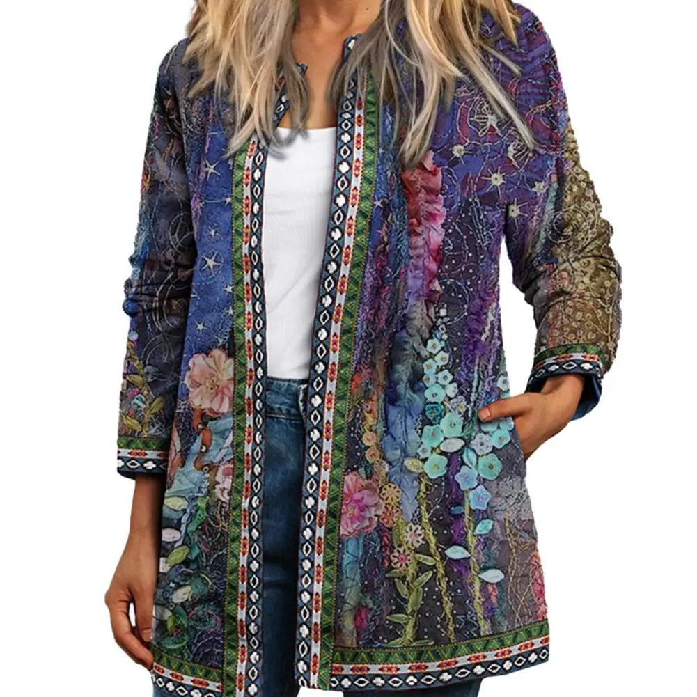 

Women Cardigan U Neck Flower Print Rich Colors Long Sleeves Pockets Colorfast Loose Ethnic Open Stitch jacket Vintage пальто жен