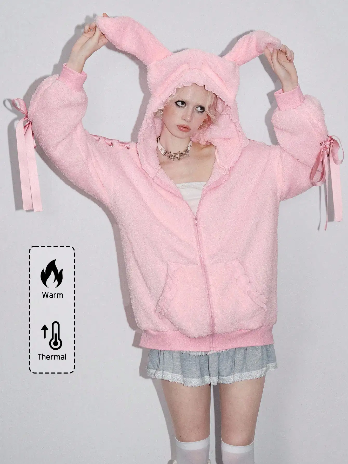 

ROMWE Kawaii Rabbit Ear Bow Lace Trim Ribbon Decor Women Sweatshirt