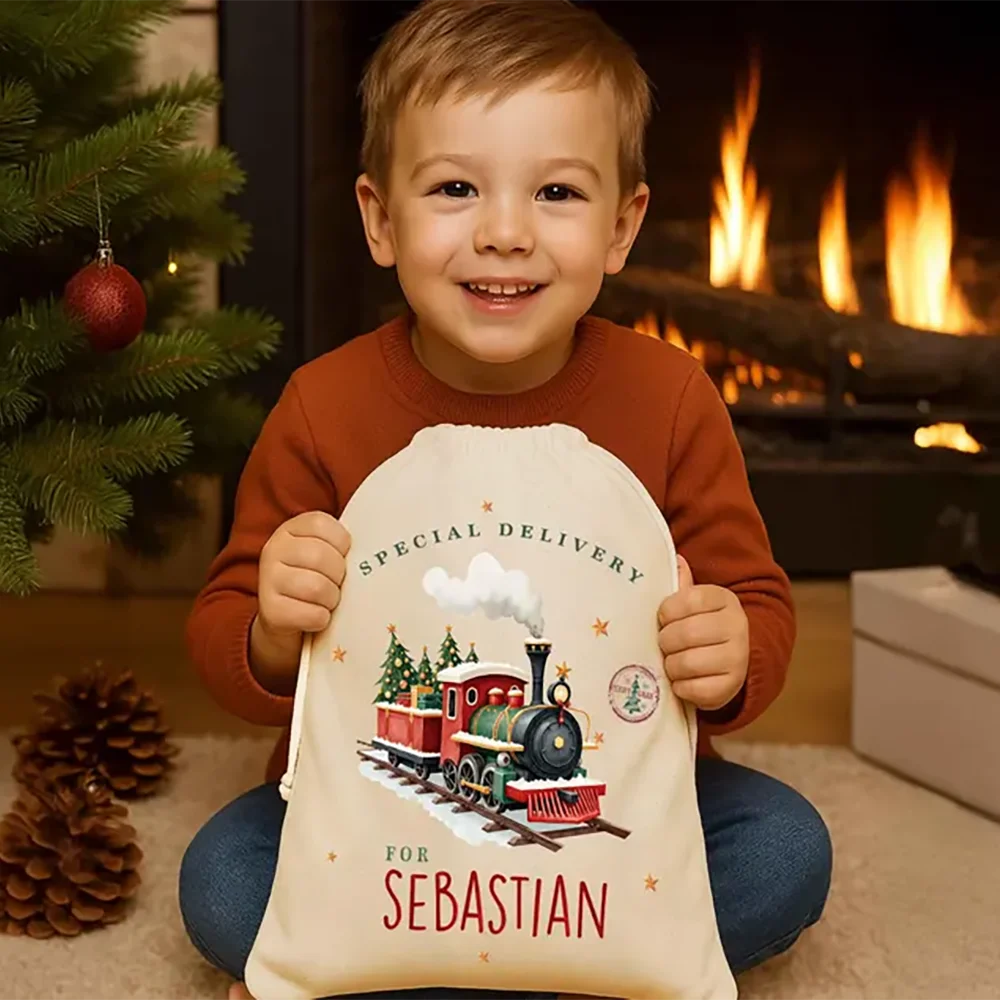 

Personalized Christmas Santa Sack Drawstring Gift Bag Special Delivery Train Design Decoration Box Christmas Eve New Year Gift