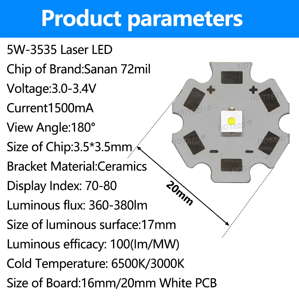 LED 5W 3535 Flat White Laser Bead Circular High Power 3W Chip Cold Warm White 3-3.4V 1.5A 380Im Diode Flashlight Source Headlamp