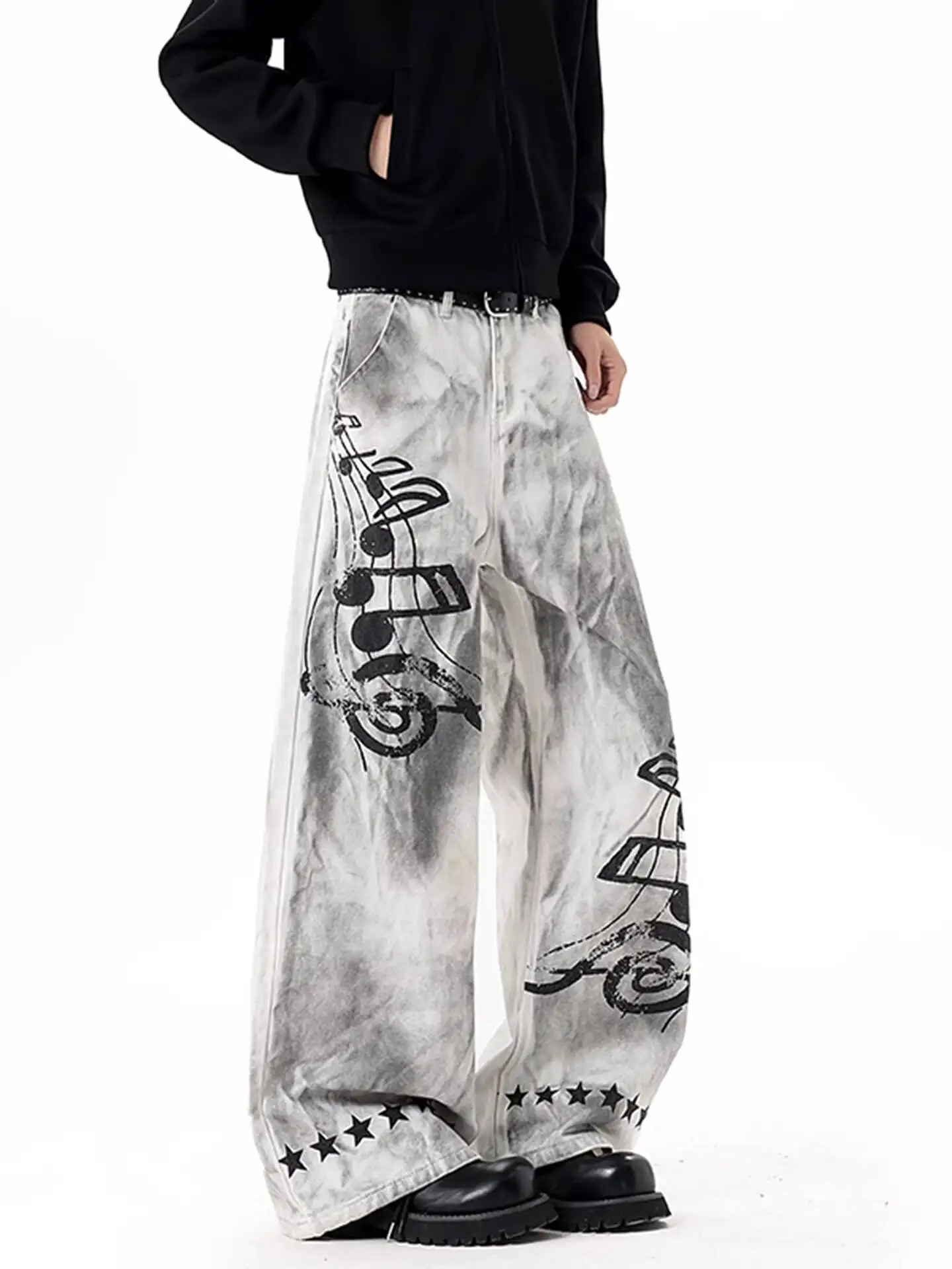 

Мужские и женские джинсы 2026: Весенние винтажные джинсы с эффектом потертости и грязного окрашивания, с музыкальными нотами, модные свободные широкие брюки унисекс