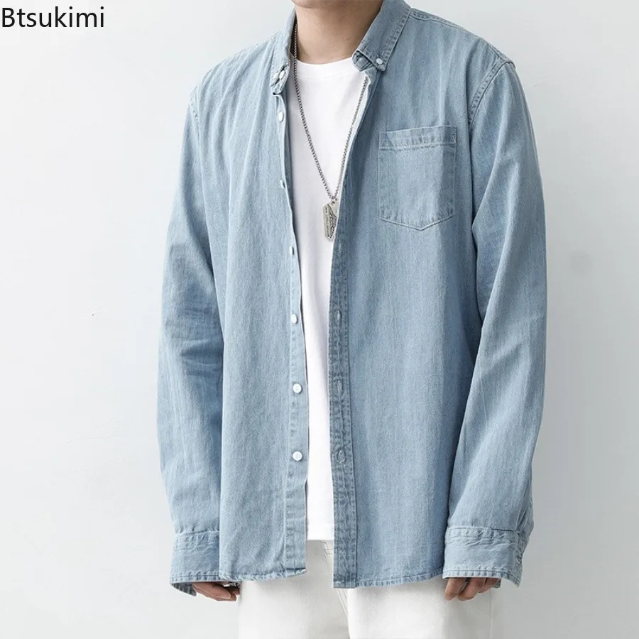 New Men's Long Sleeve Denim Shirts Spring Autumn Vintage All-match Casual Shirt Jackets Fashion Solid Loose Cotton Cargo Shirts