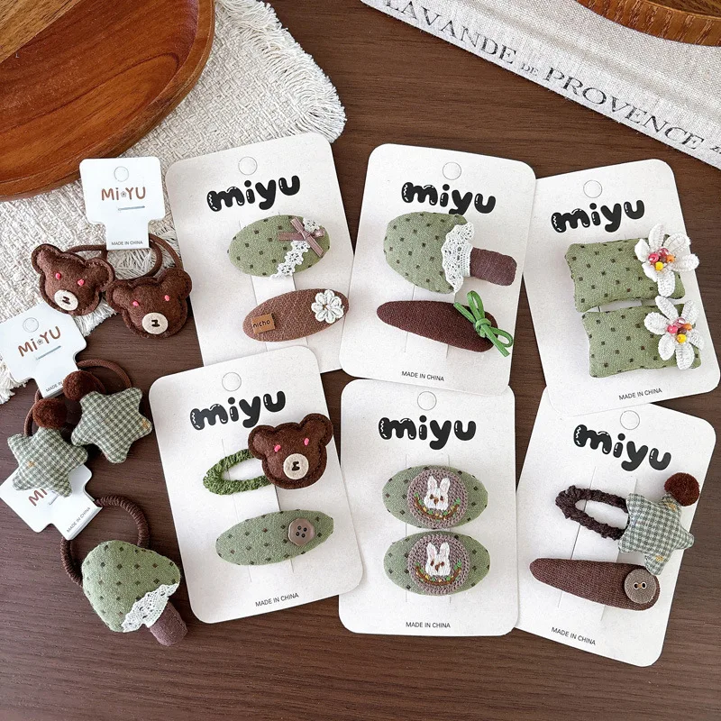 Kids Hair Clips Fabric Brown Green Polka Dot Cartoon Side Bangs Small Lightweight Cute Headwear Accessories Early Fall