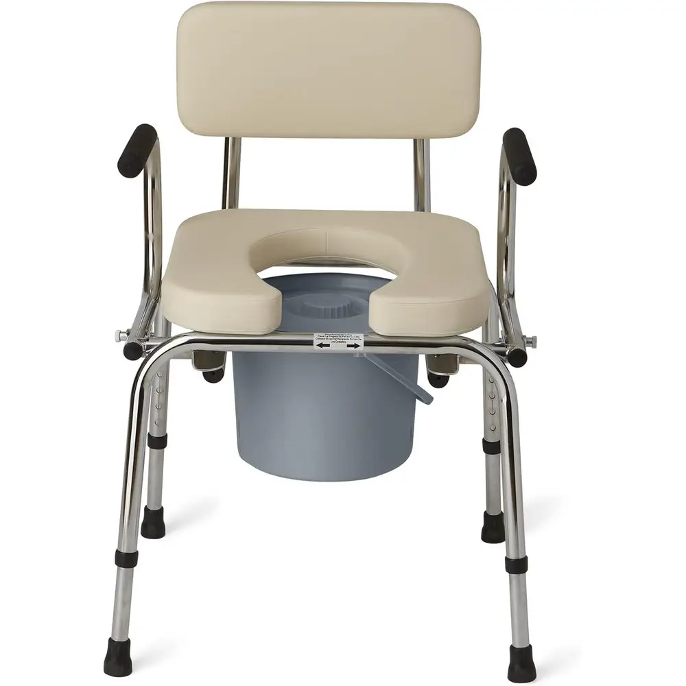 Drop Arm Commode with Padded Seat and Backrest, Durable Toilet Chair for Adults and Seniors, Removable Pail, Splash Guard, Drop
