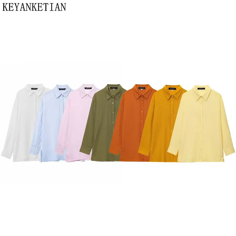 

KEYANKETIAN Summer New Women's Clothing Single Breasted Lapel Side Slit Solid Color Casual Shirt Women Top
