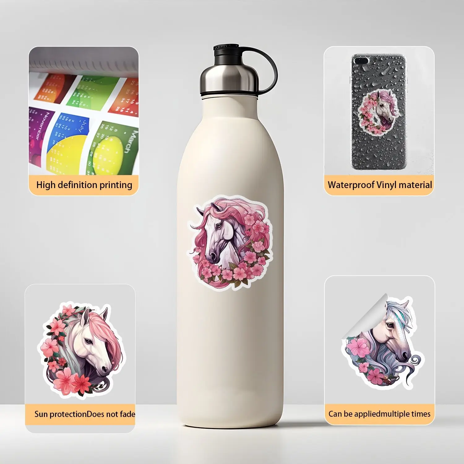 10/50/100PCS Cute Pink Cartoon Horse Flower Stickers Aesthetic Laptop Water Bottle Luggage Notebook Waterproof Graffiti Decals