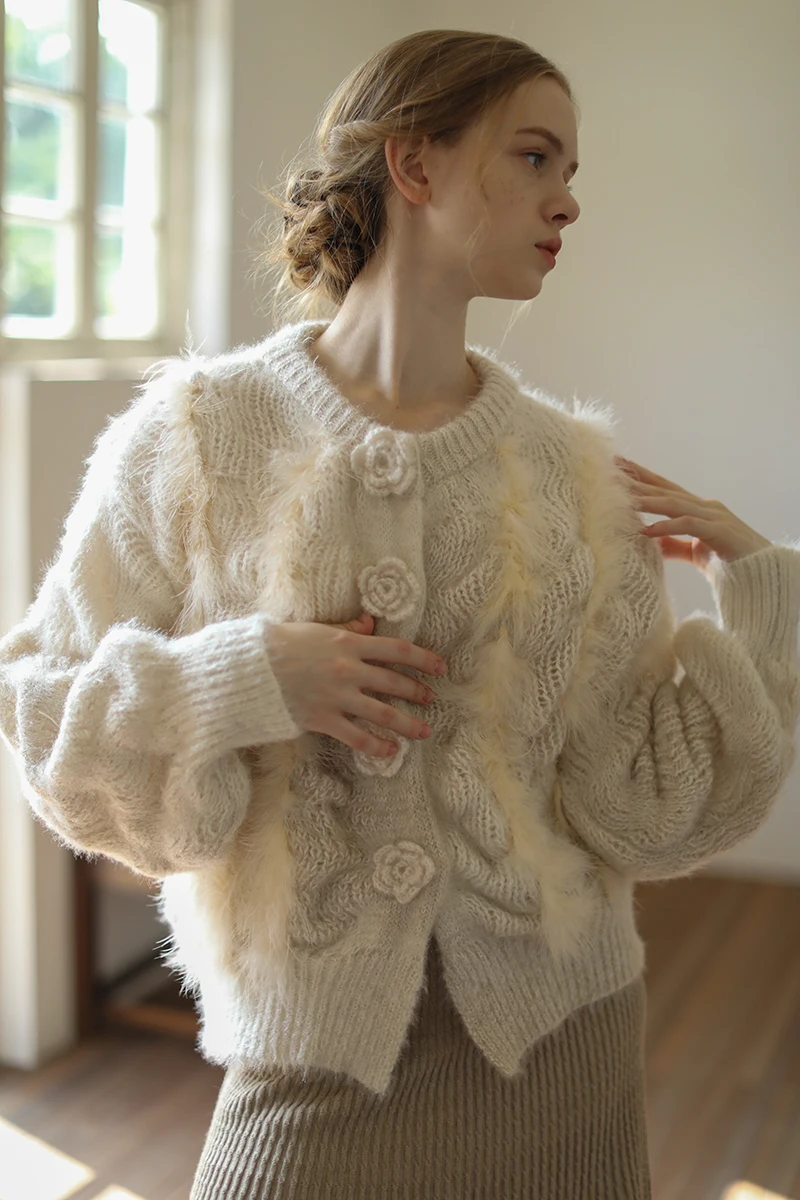 AIGYPTOS Winter Fall Warm Knitted Wool Cardigans Sweater Women Delicate Handmade Crochet Flower Bottons Elegant Short Sweaters