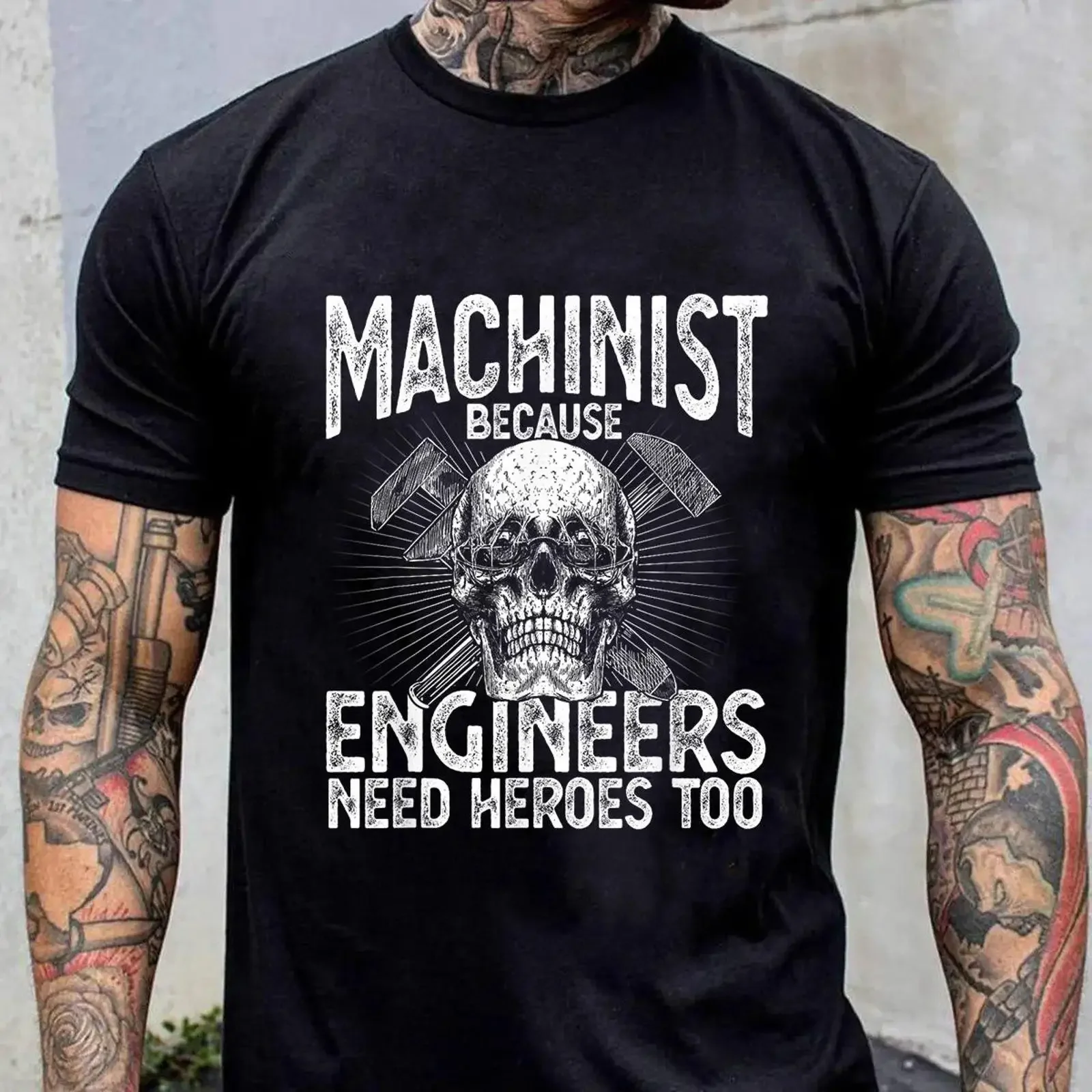 Funny Machinist 'Because Engineers Need Heroes Too' Skull T Shirt Casual for Workers vintage Washed Slightly designer clothes