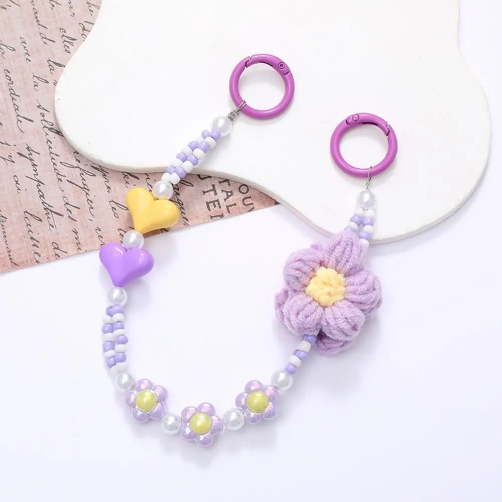 Phone Holder Crochet Flower Phone Chain Anti-Lost Keychain Colorful Beaded Lanyard Wrist Strap Bag Pendant Heart Case Chain