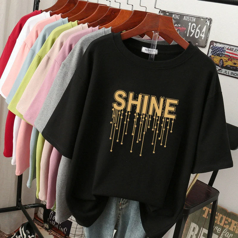 Star Print Short Sleeve T-Shirt for Women Loose Fit New 2026 Summer Trendy Letter Design Large Size Half Sleeve Tee O-Neck Top