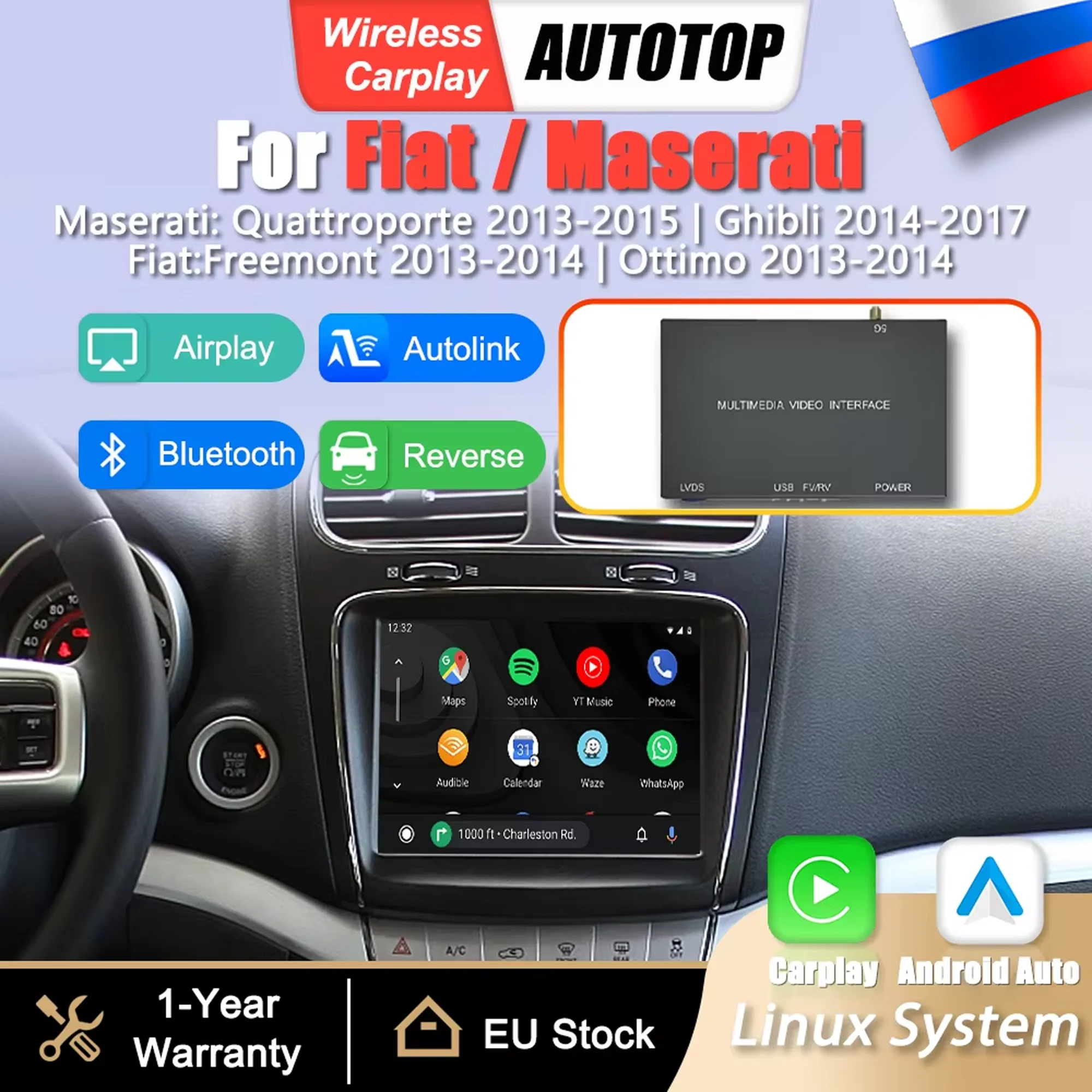Boîtier adaptateur d'interface sans fil CarPlay Android Auto pour Maserati Quattroporte Ghibli 2013-2017 Fiat Freemont Ottimo 2013-2014 Mirror Link Airplay BT Module de navigation GPS