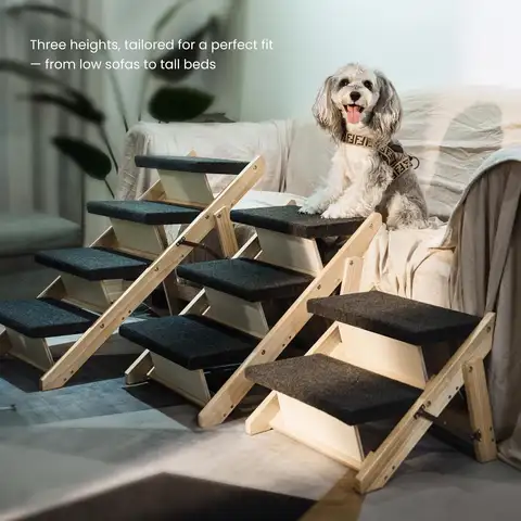 Wood Pet Stairs & Ramp for Small/Medium Dogs and Cats, Aging Pets – 2-in-1 Foldable, Portable, Non-Slip Pet Ladder for Tall Beds, Couches, Cars – Holds Up to 220 lbs (24.8' L X 17.2' W X 19.5' H)